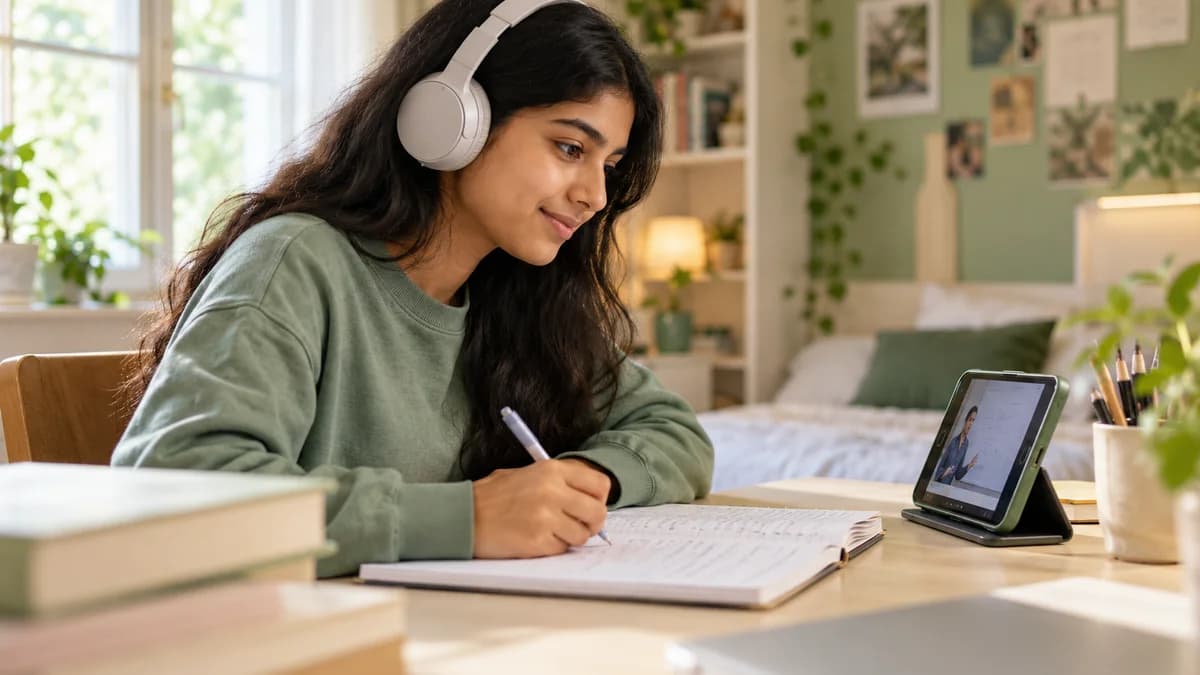 Illustrative image of an A Level student taking notes while watching a lesson on a mobile device