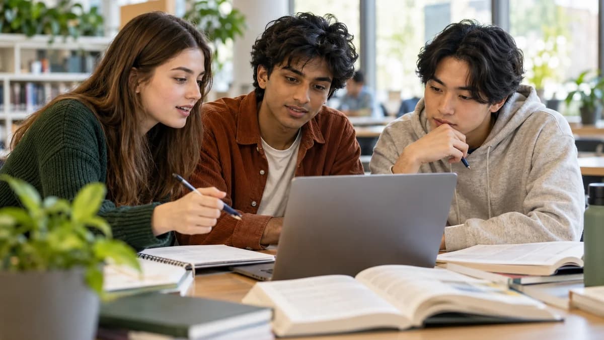 Illustrative image of IB students studying together with a laptop and textbooks