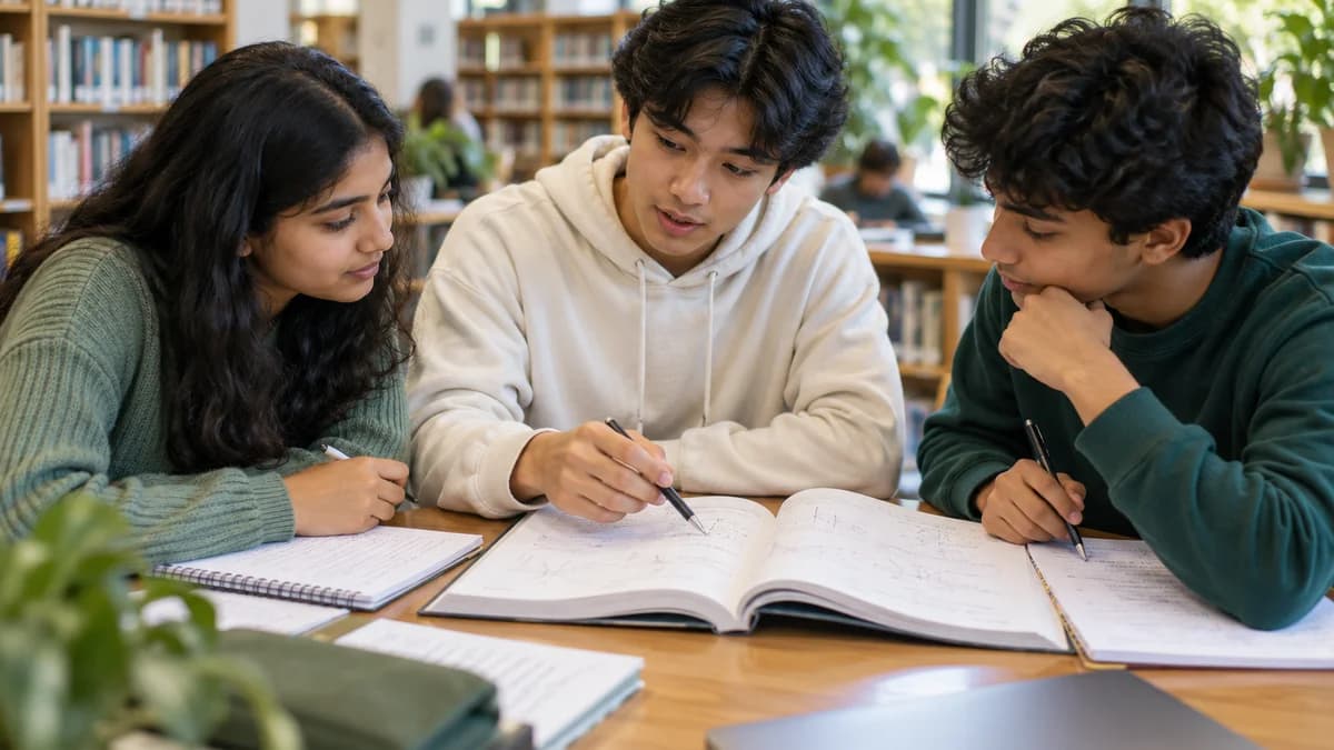 Illustrative image of IGCSE students studying maths together in a library