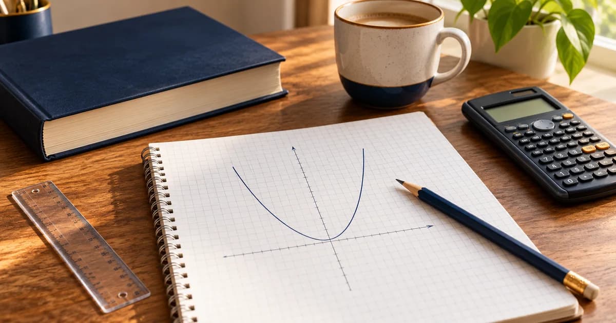 Illustrative mathematics study desk with a parabolic graph, pencil, ruler and calculator