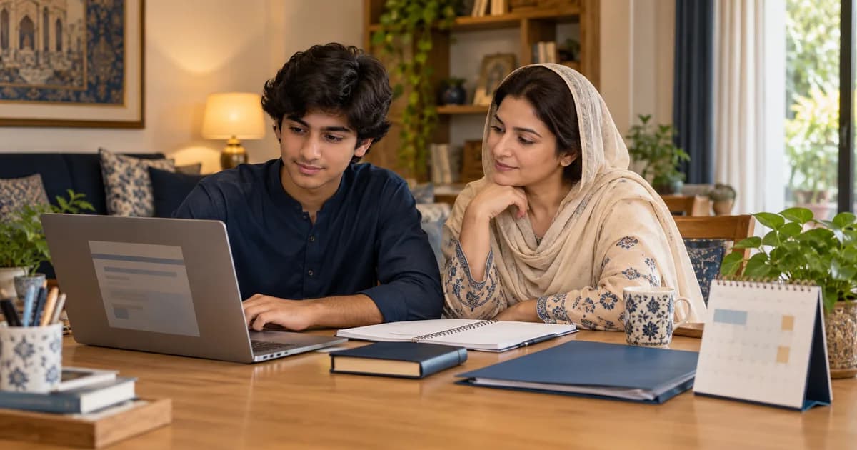 Illustration of a Pakistani student and parent planning exam registration at a laptop