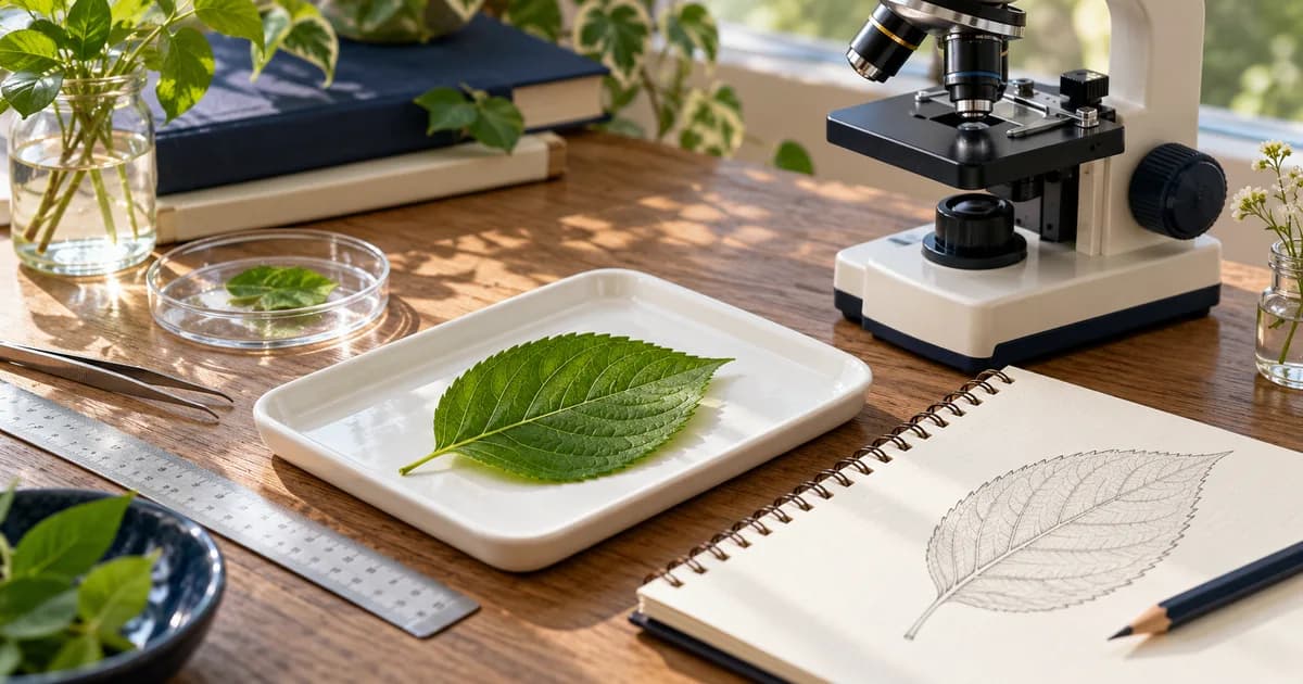 Illustrative biology study bench with a leaf specimen, microscope, ruler and sketchbook