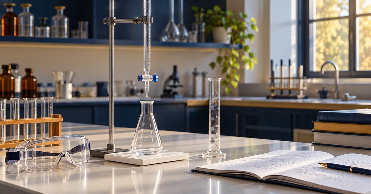Illustrative chemistry laboratory with a burette, conical flask, goggles and graph notebook