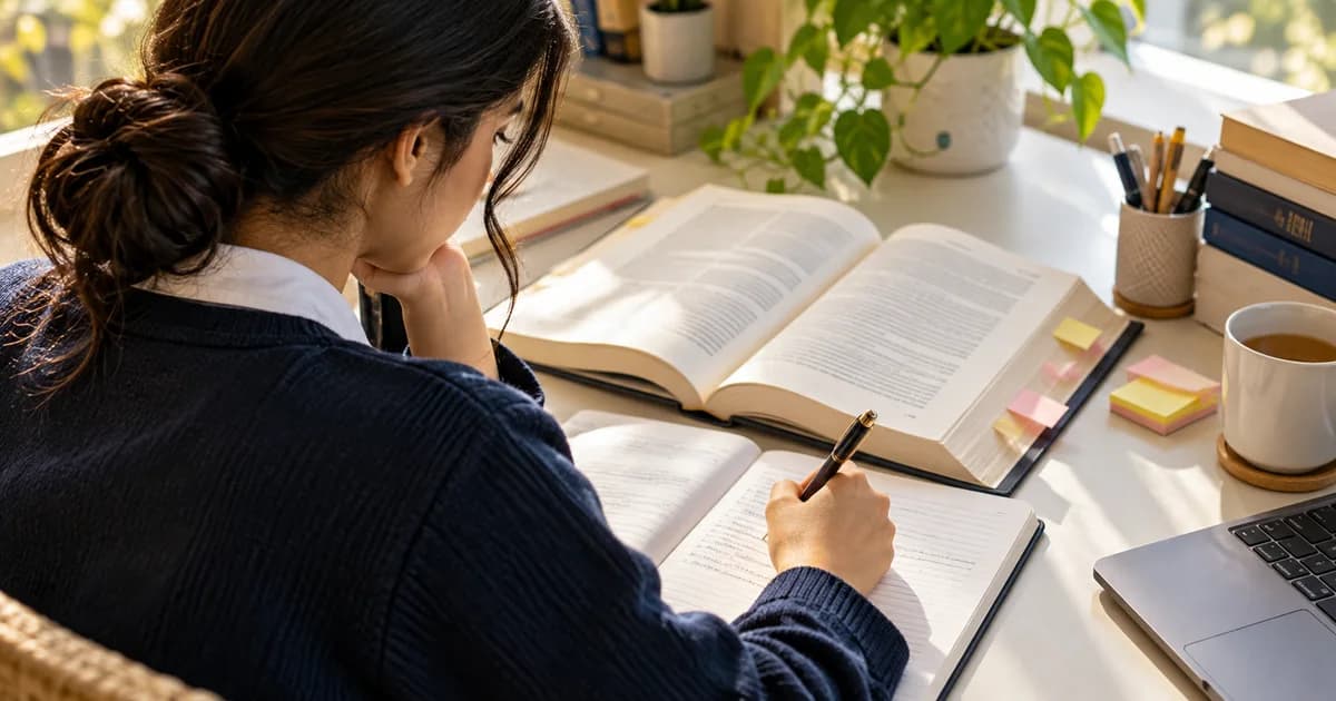 Illustration of a student reading a book and drafting an English summary in a notebook