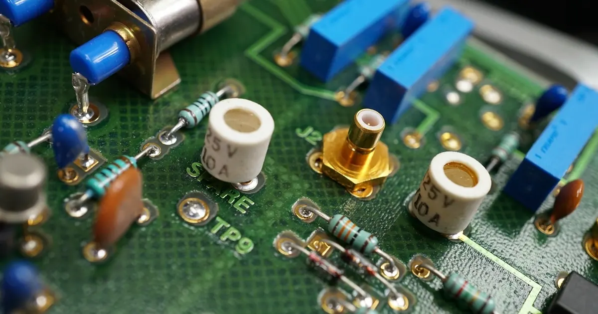 Close-up of an electronic circuit board with resistors and capacitors