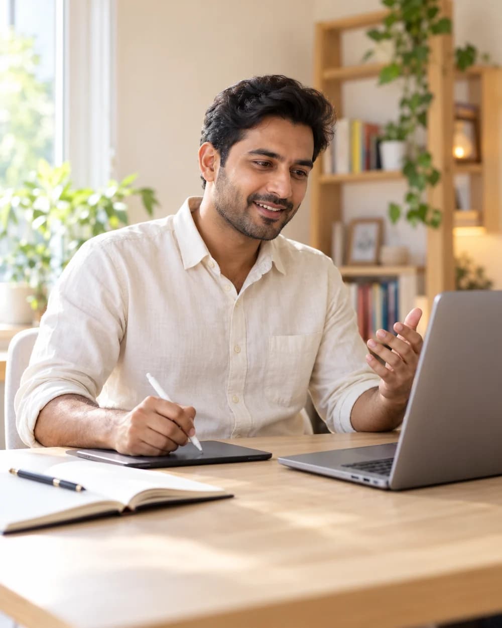 Illustrative image of an online tutor teaching with a laptop and writing tablet